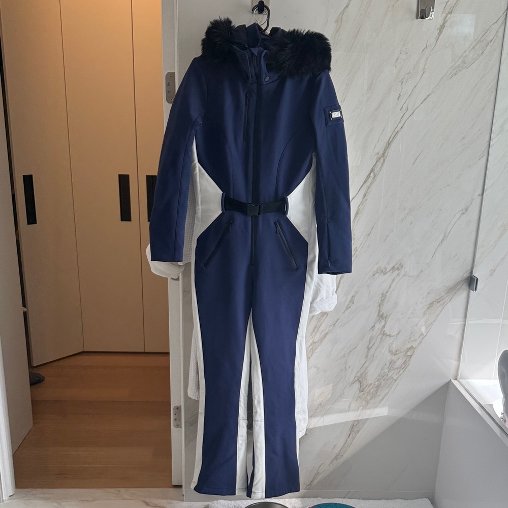 Nils Navy Blue Ski Suit with Black Fur Trim US 12